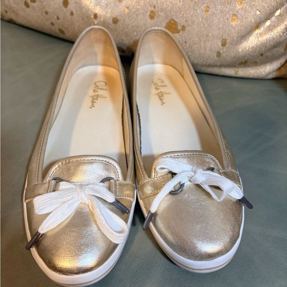 Cole Haan Metallic Gold Flats with White Accents